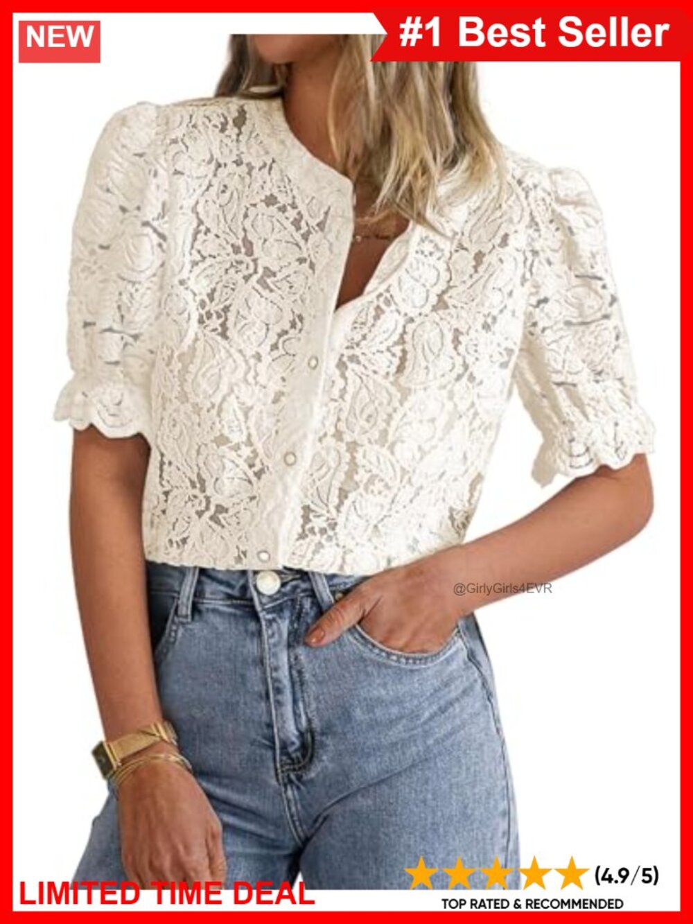 Womens Lace Blouse Sheer Eyelet Button Down Puff Sleeve Crew Neck Top